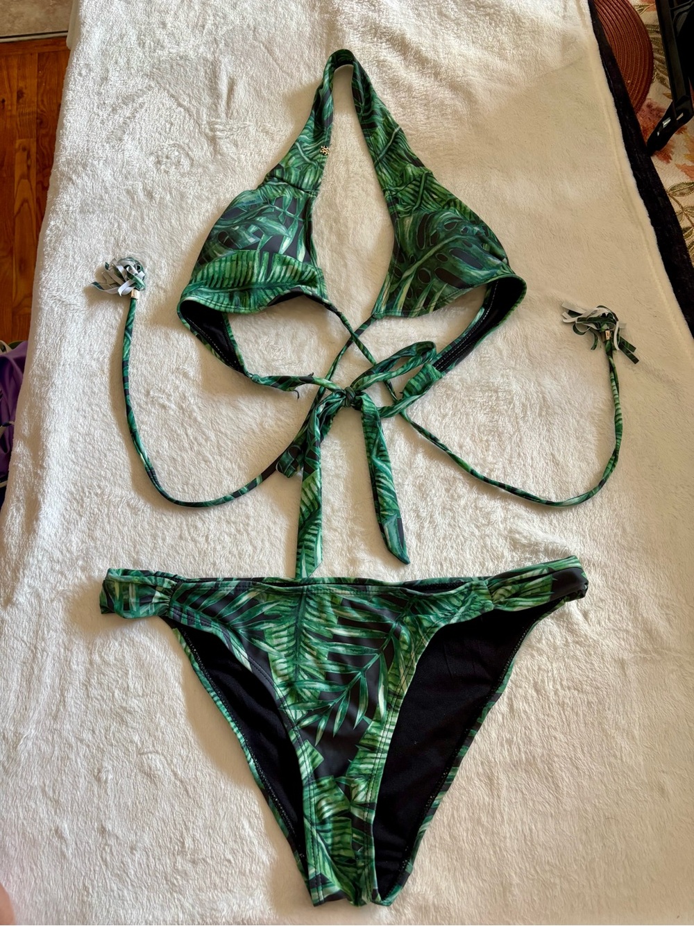 Tropical Leaf Print Halter Bikini Top and Bottom